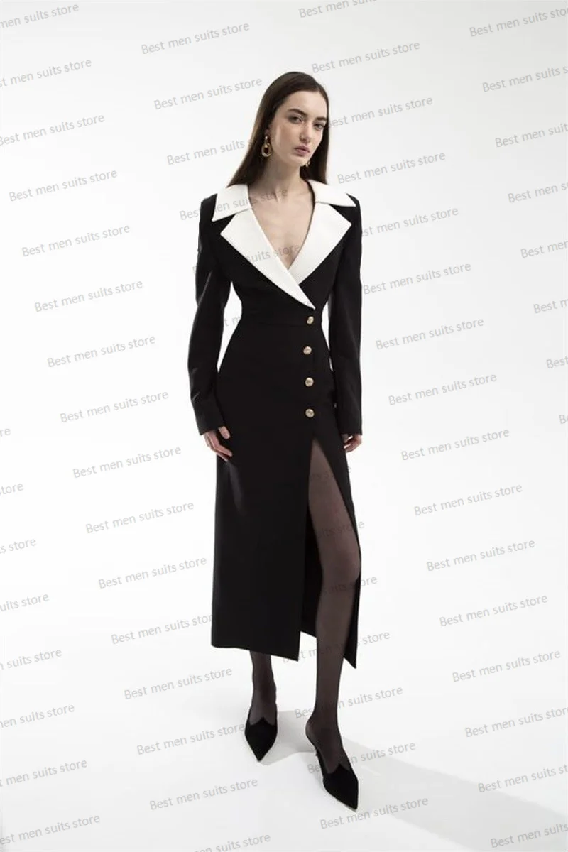 Elegant Autumn Women Dress Suit Long Blazer Formal Office Lady Jacket Wedding Prom Dress Custom Made Black White Patchwork Color