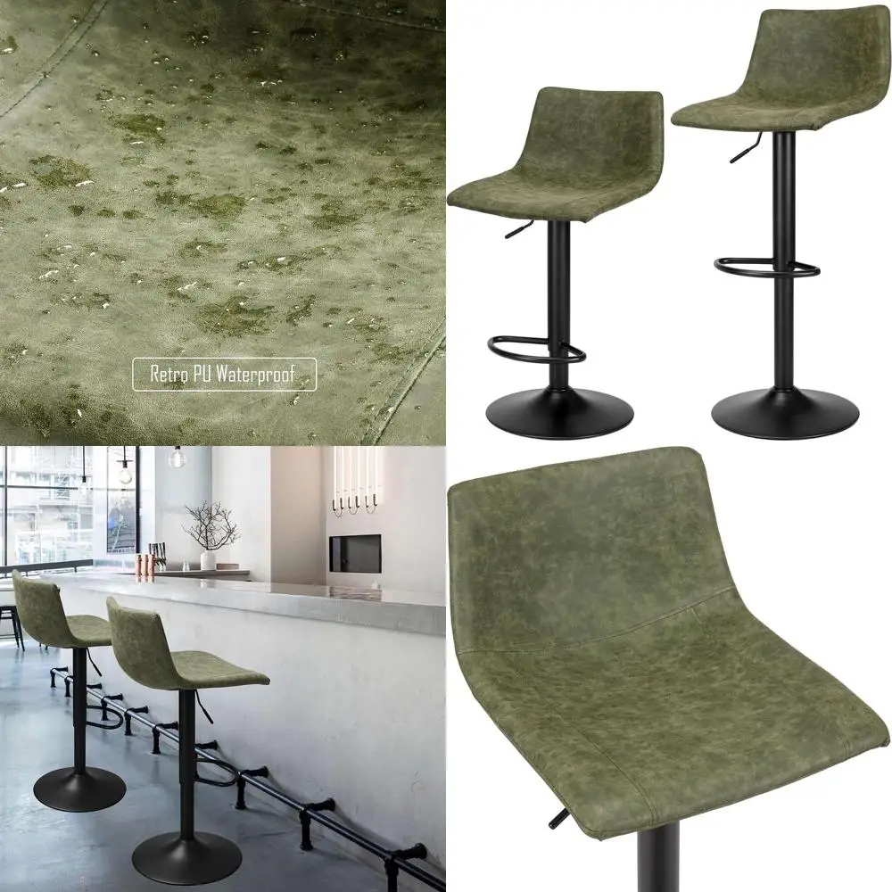 Pair of Counter-Height Swivel Bar Stools with Footrest and L-Back, Vintage Leather, Retro Green