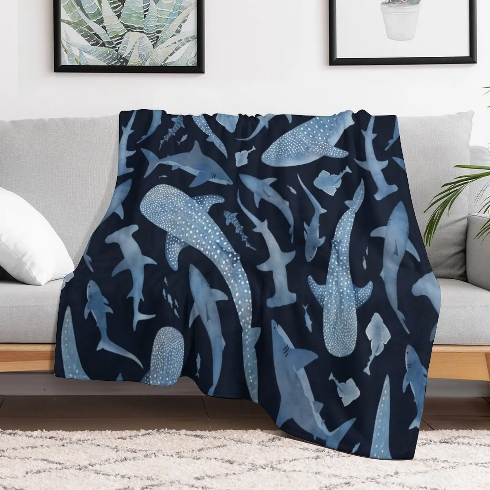 

Monochrome blue watercolour shark ocean on black Throw Blanket Designers christmas gifts Blankets Camping Cute Plaid Blankets