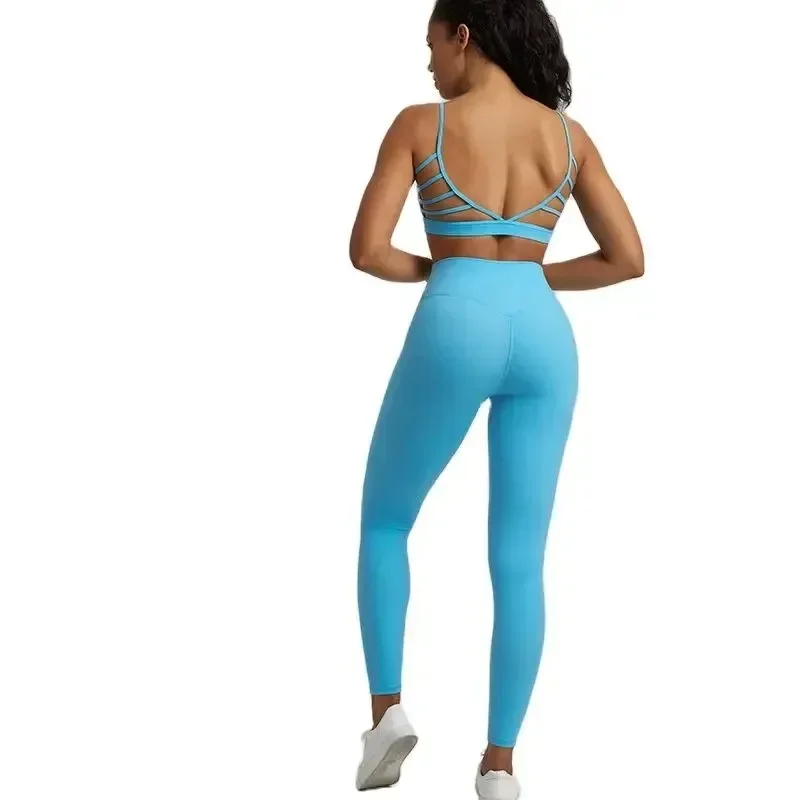 Lemon-Legging croisé dans le dos pour femme, ensemble de fitness et de yoga, soutien-gorge de sport, haut à col rond, entraînement sportif, 2 pièces