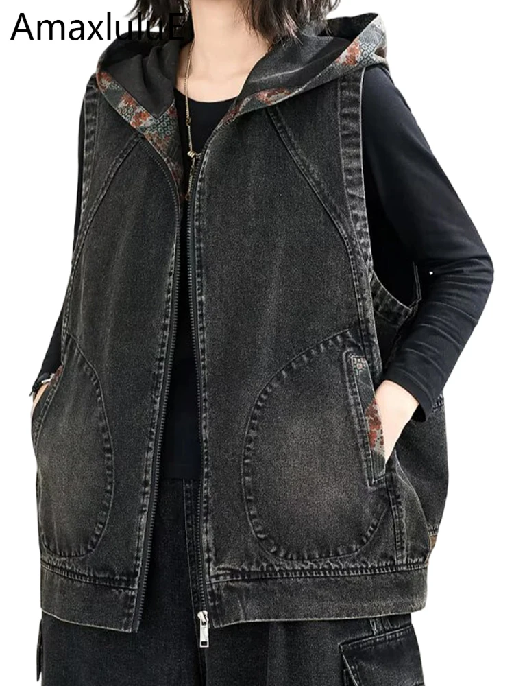

Amax LuluE 2026 Classic Fashion Hooded Denim Vest Ladies Spring Vintage Loose Sleeveless Coats Women Casual Patchwork Waistcoats