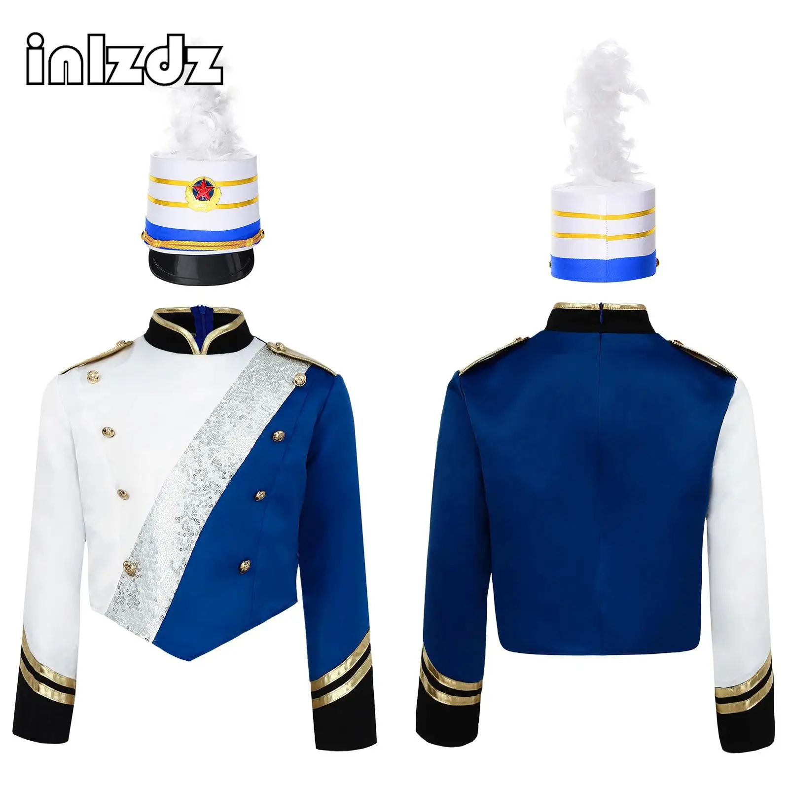 

Kids Boys Marching Band Costume Uniform Set Long Sleeve Sequins Shoulder Epaulets Tops with Hats for Halloween Performance Set