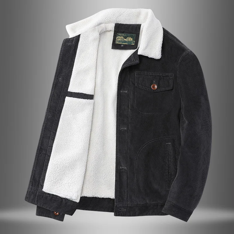 Autumn Winter New Men's Thickened Lamb Wool Velvet Retro Tooling Stripe Cotton-padded Jacket