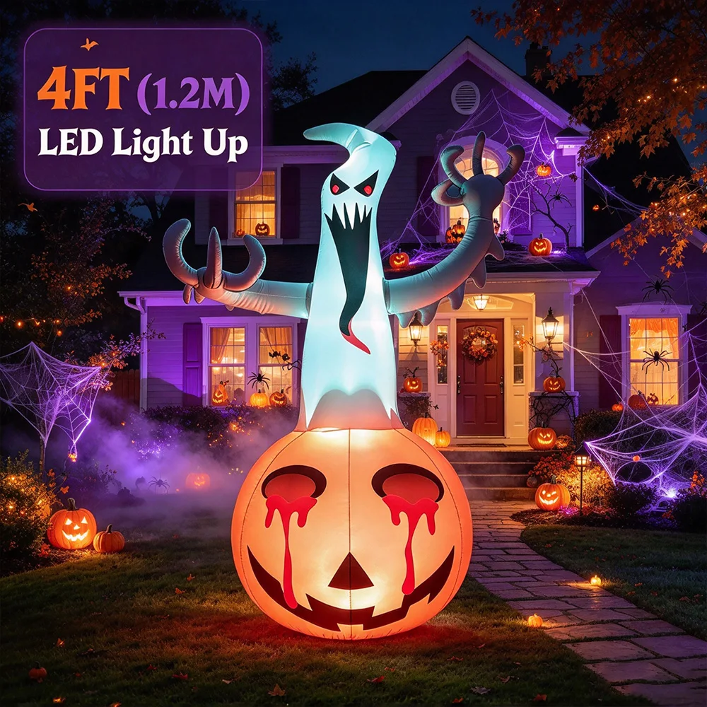 1.2M Halloween Inflatable Ghost Pumpkin with LED Lights, Waterproof Blow Up Yard Decor for Outdoor Garden Lawn