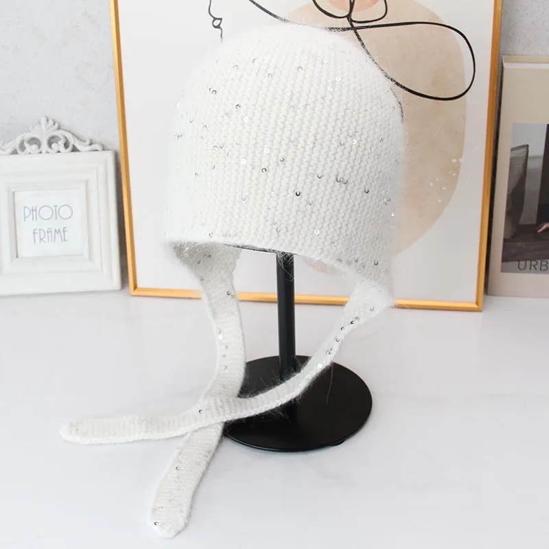 New Shinning Sequin Rabbit Fur Warm Winter Beanies Hat For Women Knitted Thick Soft Top Quality Ear Cap Skullies Bonnet Gift