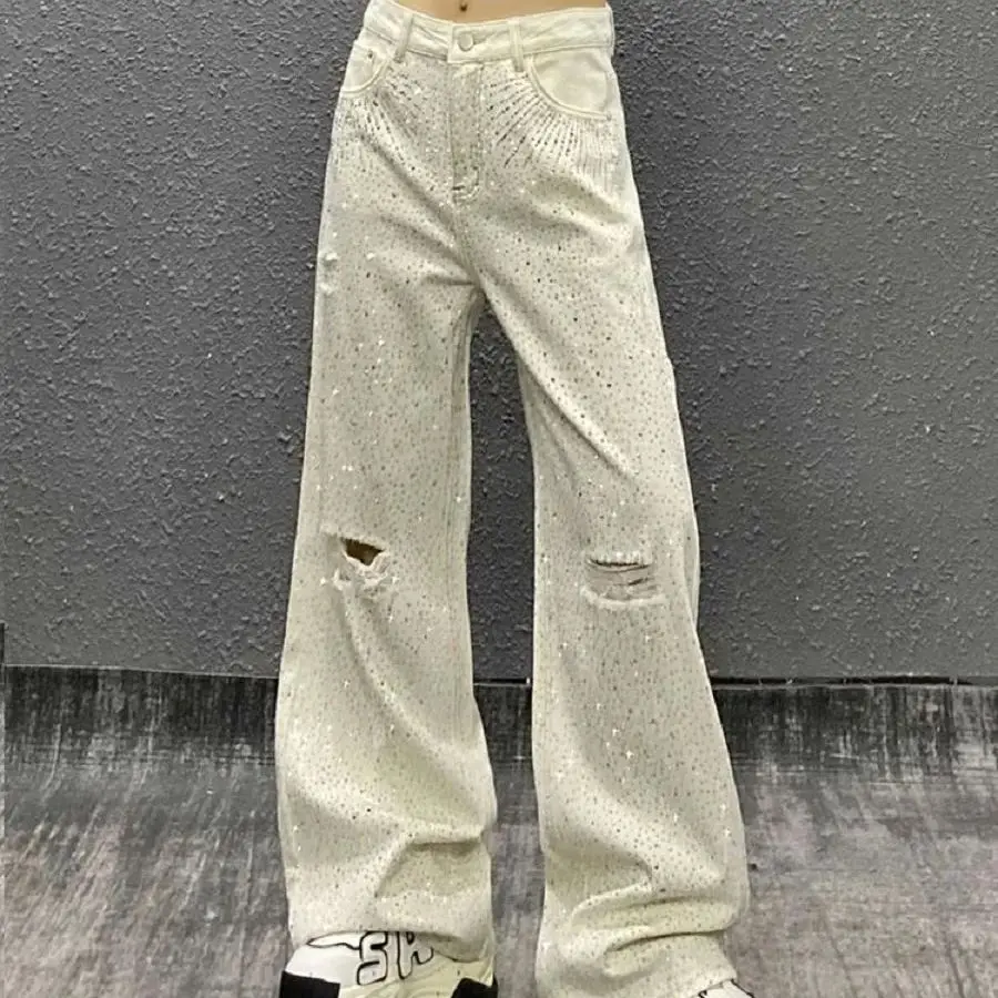 

American High Street Full Diamond Spliced ​​Jeans Women Summer New Versatile Hot Girl Design Loose Lazy Relaxed Casual Trousers