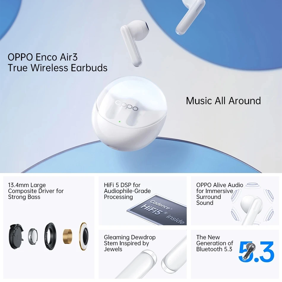 Imagem -03 - Oppo-enco Air3 Tws Fone de Ouvido sem Fio Bluetooth Auriculares ai Redução de Ruído Fones de Ouvido do Jogo Hifi Headconjunto Estéreo Original 5.3