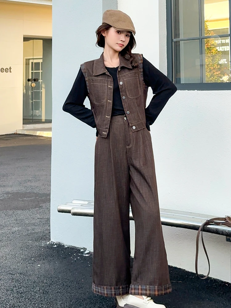 

Faionable Denim Vest Set Women's Autumn 2025 Spring New Vintage Vest Wide Leg Pants Two Piece Set Commute Sle Adult Size