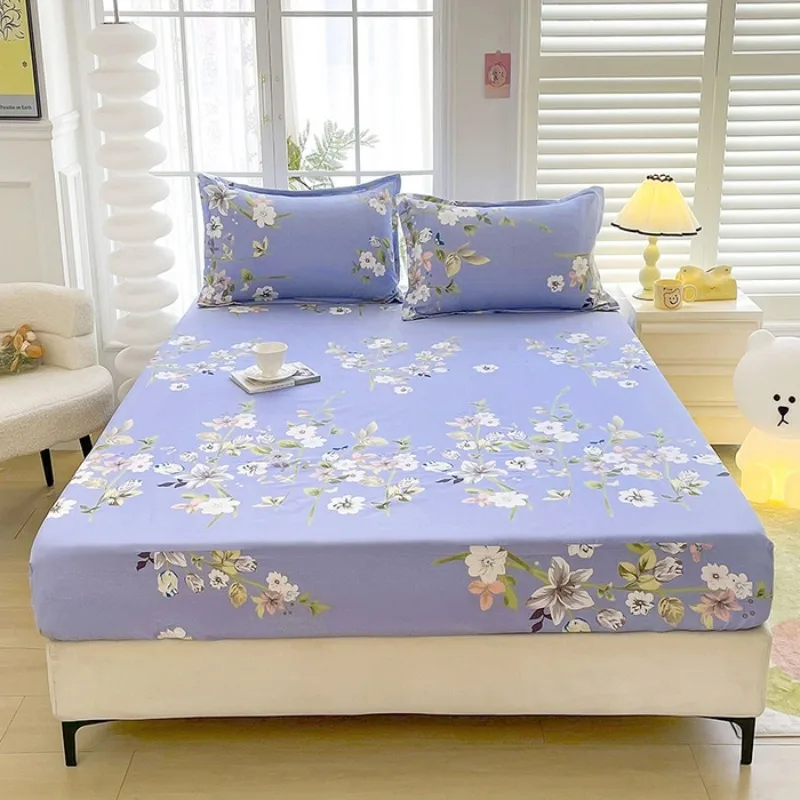 3PC Lavender Floral Fitted Sheet Set, Pastel Flower Printed Bedding Set with Pillowcases, Soft Microfiber Bed Sheet for Bedroom