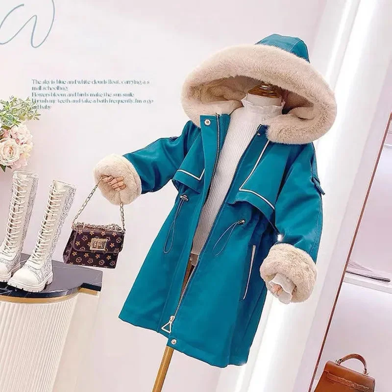 Girls Windproof Parka Jackets Kids Snowsuit Winter Clothes 2024 New 4-14 Years Children's Plus Velvet Thick Long Coat TZ601