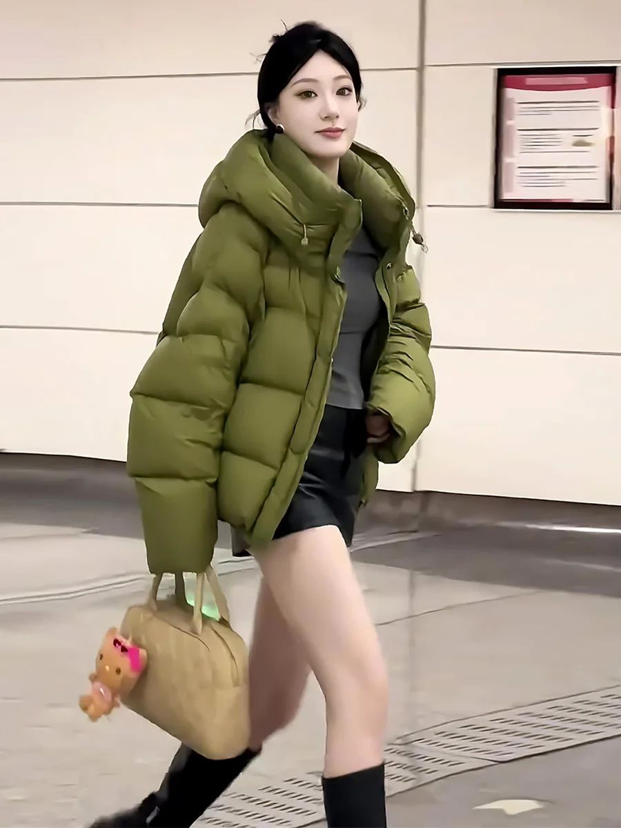 여성용 오트 화이트 다운 재킷 2025년 겨울 신상 따뜻한 코트 트렌디 후드 끈 달린 출퇴근용