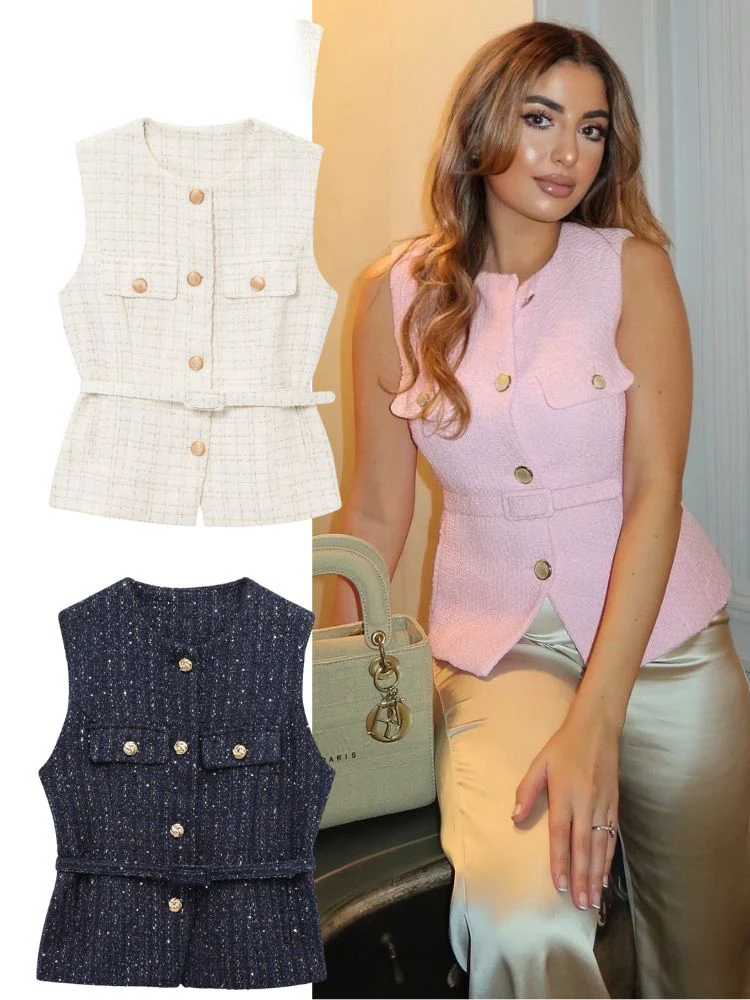 

HH модный женский твидовый жилет с поясом 2025 повседневный тонкий женский жилет без рукавов с круглым вырезом на пуговицах спереди куртка верхняя одежда