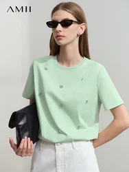 Amii Minimalist Short Sleeve T-Shirts for Women 2025 Spring Slim Cotton T-shirt Casual O-Neck Metal Letter Ladies Top 12511016