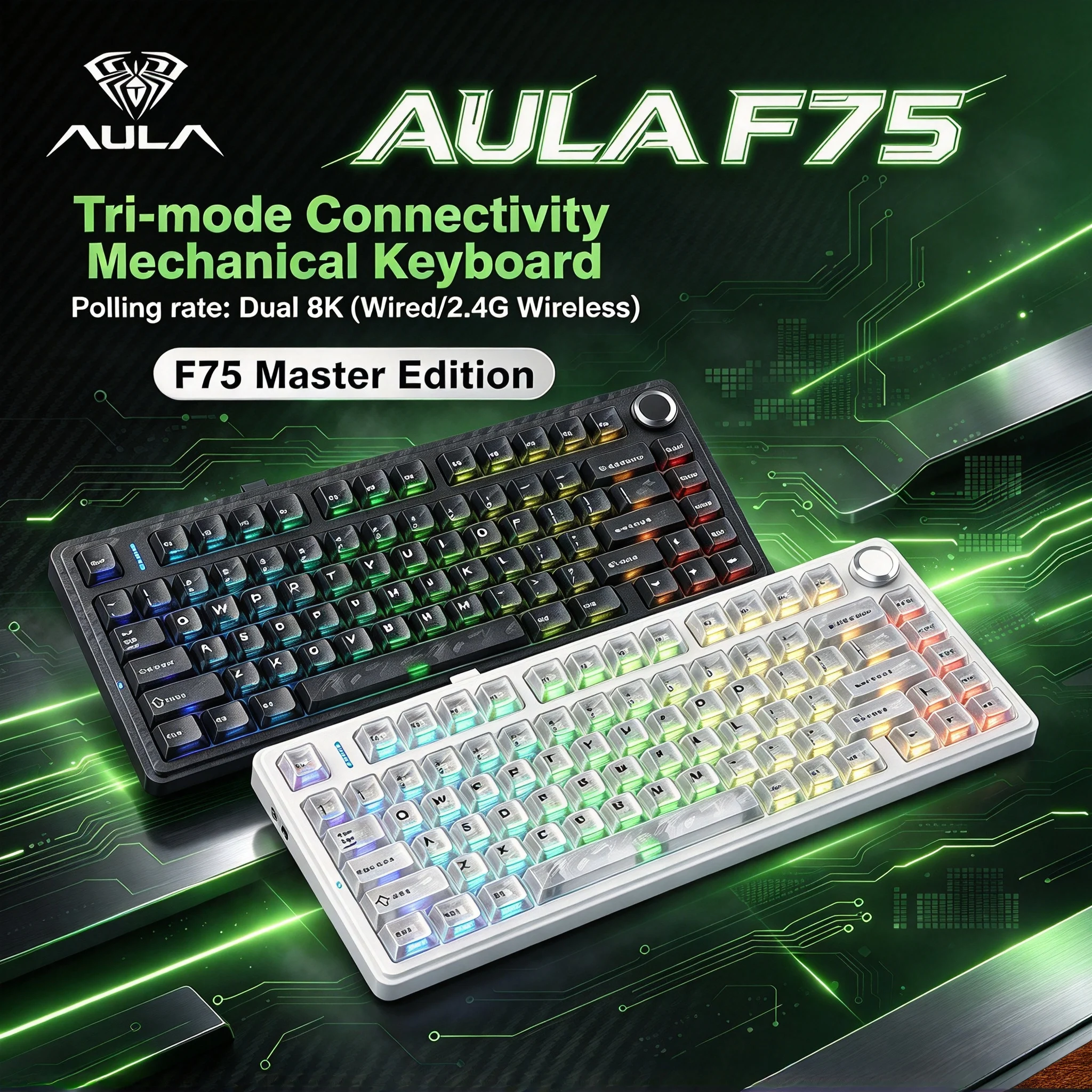 AULA F75 Master Mechanical Keyboard 75% PBT Keycaps Tri-Mode Dual 8K High Response Forged Carbon Fiber Shell Gaming Keyboard