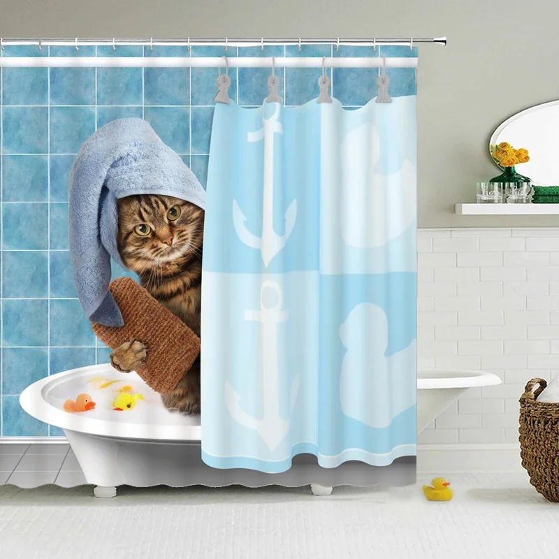 VIKAMA Funny Shower Curtains Bathroom Curtain With Hooks Decor Waterproof Cute Cat Dinosaur  3D Cortinas De Ducha
