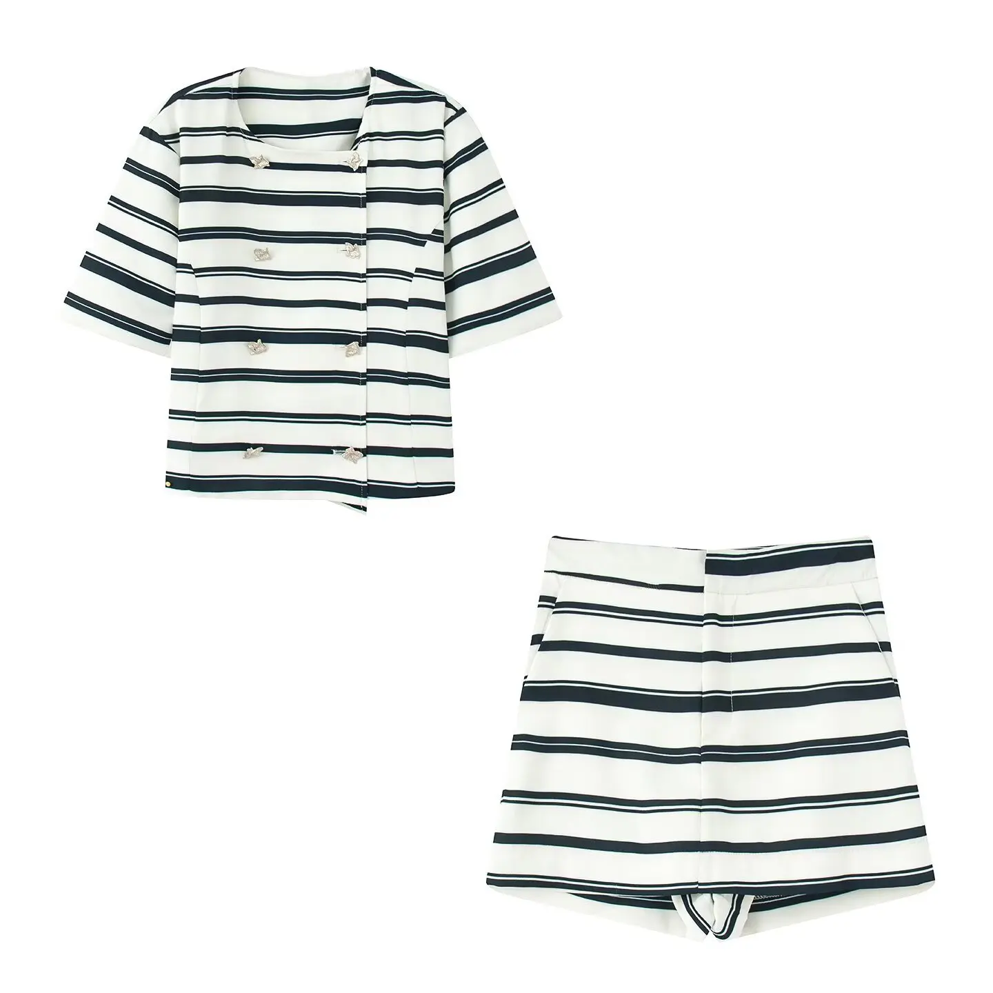 

2025 Summer Two Piece Short Set Casual Striped Double Breasted Shorts Set Women Office Two-piece Suit Short Sleeve Top Set