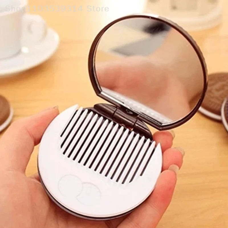 Portable Mini Pocket Mirror With Comb Brown Cute Chocolate Cookie Shaped Design Mirror Makeup