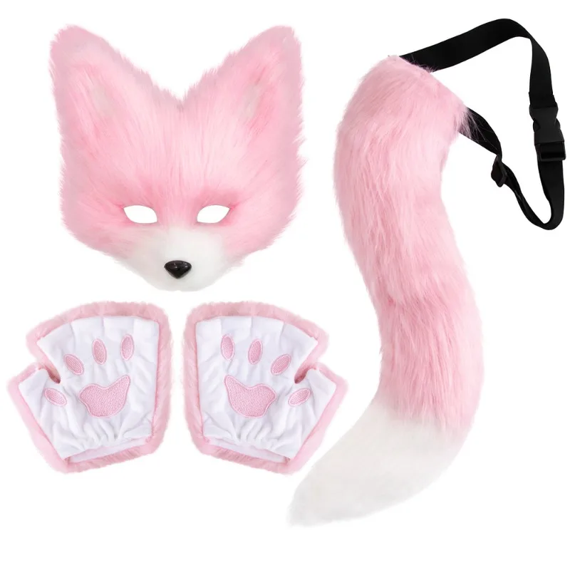 3pcs Fluffy Animal Cosplay Set Fox Wolf Mask Paw Gloves Plush Tail Kigurumi Accessories Halloween Party Costume Role Play Props