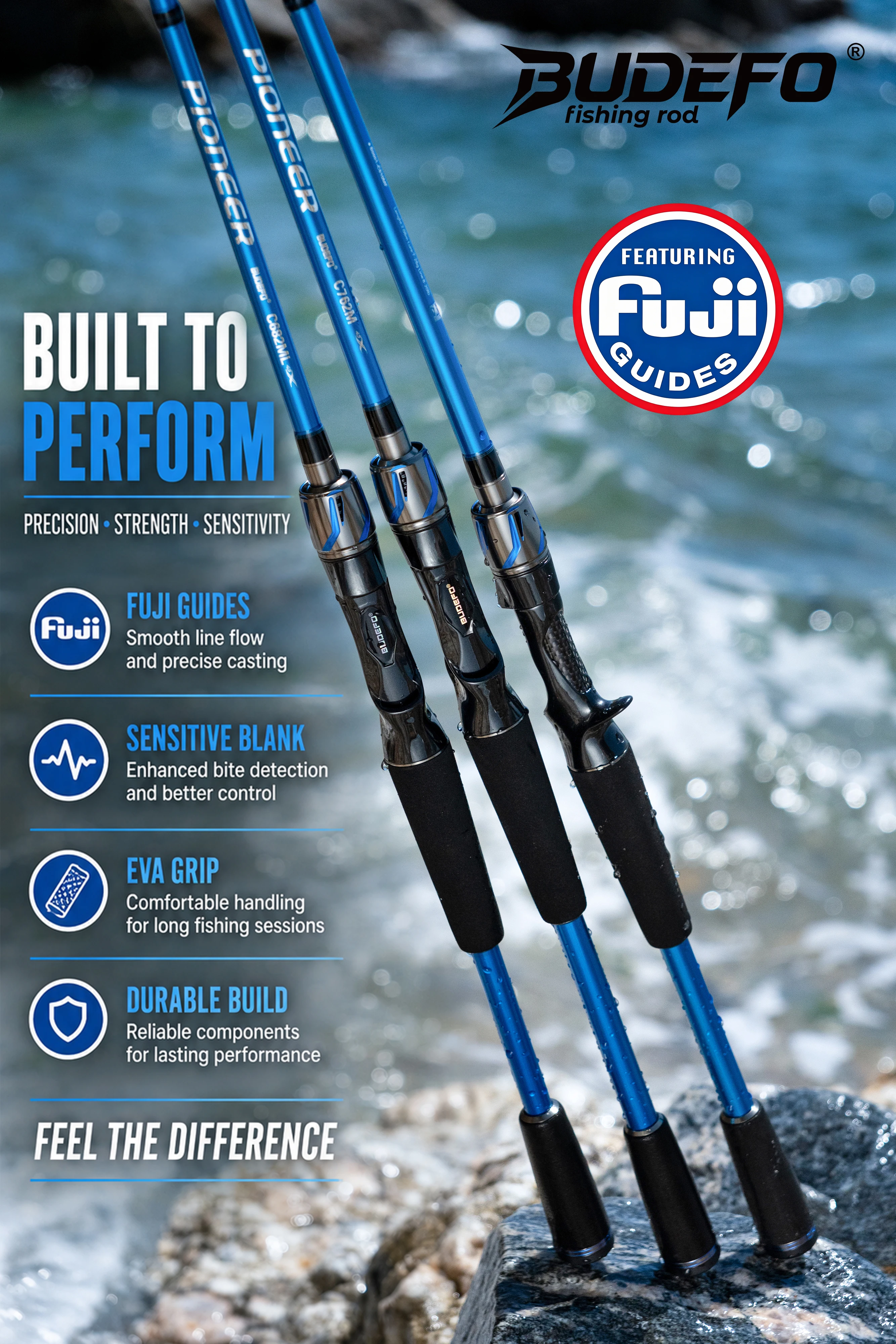 BUDEFO PIONEER FUJI Guide Spinning Casting Lure Rod ML/MH 5-40g Bass Pike Zander Perch Angelrute 2,03m/2,13m/2,28m/2,49m Schnelle Aktion Ultraleichte Seabass-Forellen-Asp-Predatorrute Weitwurf Salzwasser Süßwasser – Detail 3