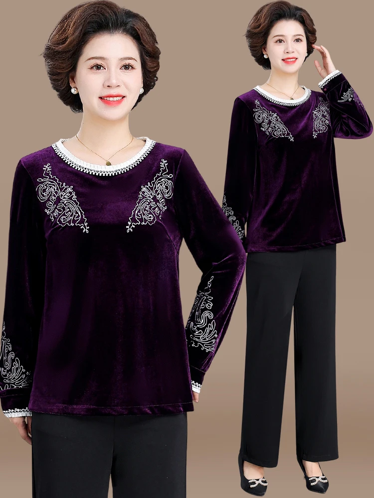 

Модная бархатная блузка для женщин среднего возраста с длинным рукавом, весенне-осенний топ, элегантная одежда для мам, корейский стиль, свободный крой
