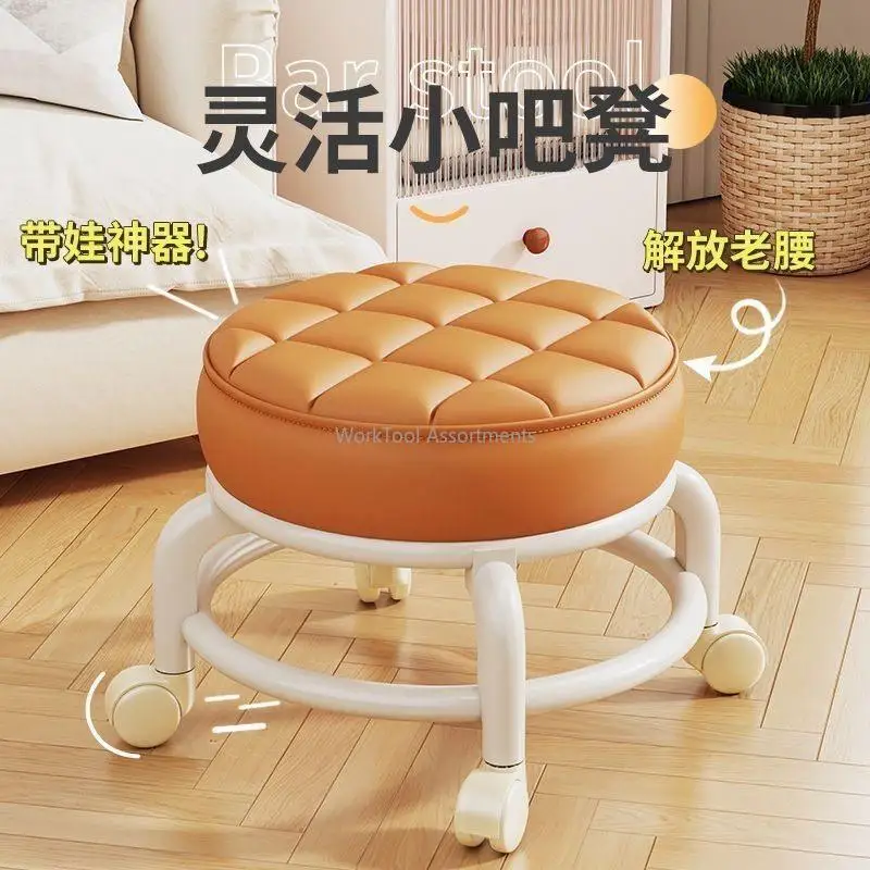 Round PU Padded Wheeled Low Stool Silent Casters Movable Glide Ottoman Home Seat For Kids Activity Tile Grouting Pedicure Work