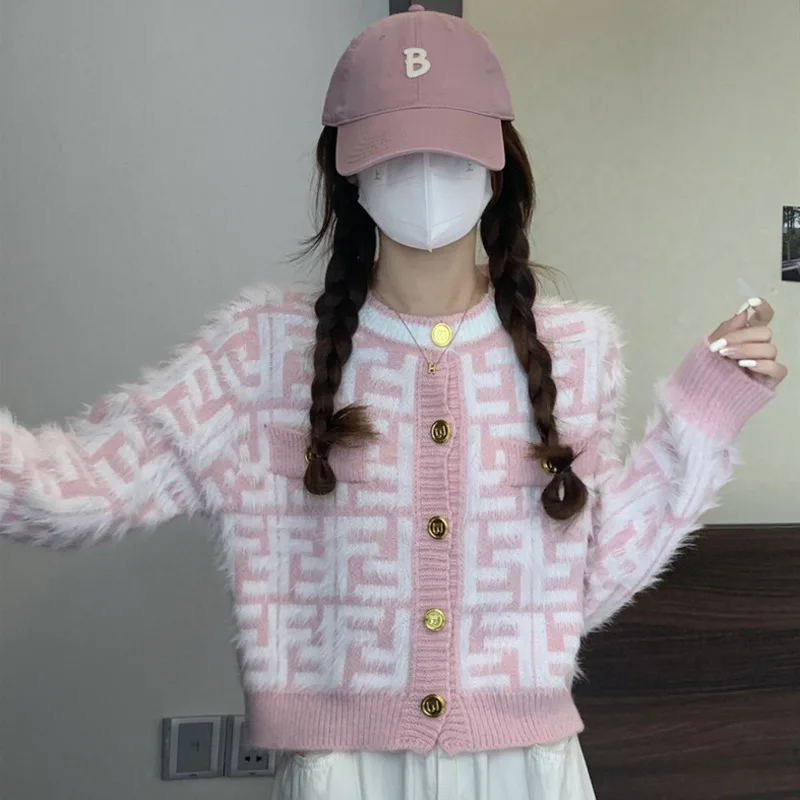 Pink Plaid Korean Casual Knitted Cardigan Single Breasted Harajuku Sweater Coat Long Sleeve Fashion Outwear Women Short Cardigan