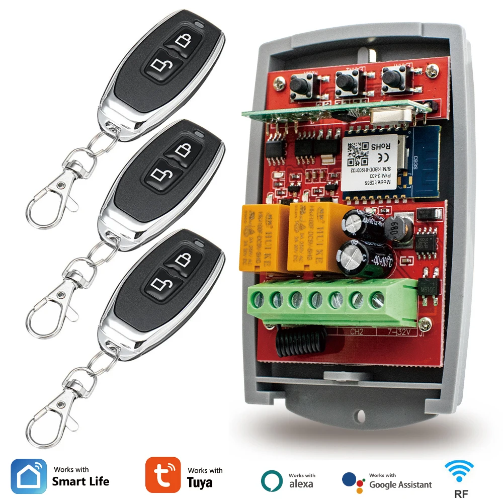 Tuya WiFi Universal 433mhz Remote Control Garage Door Receiver 2CH AC DC 12V 24V 220V Gate Opener 433.92 Transmitter For Alexa