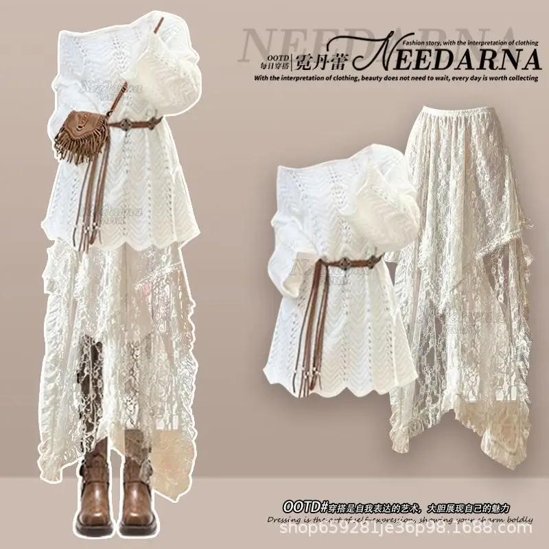 A Complete Set of Women's Clothing for Spring and Autumn with a New Hollowed Out Top and a Slimming Dress Two Piece Set