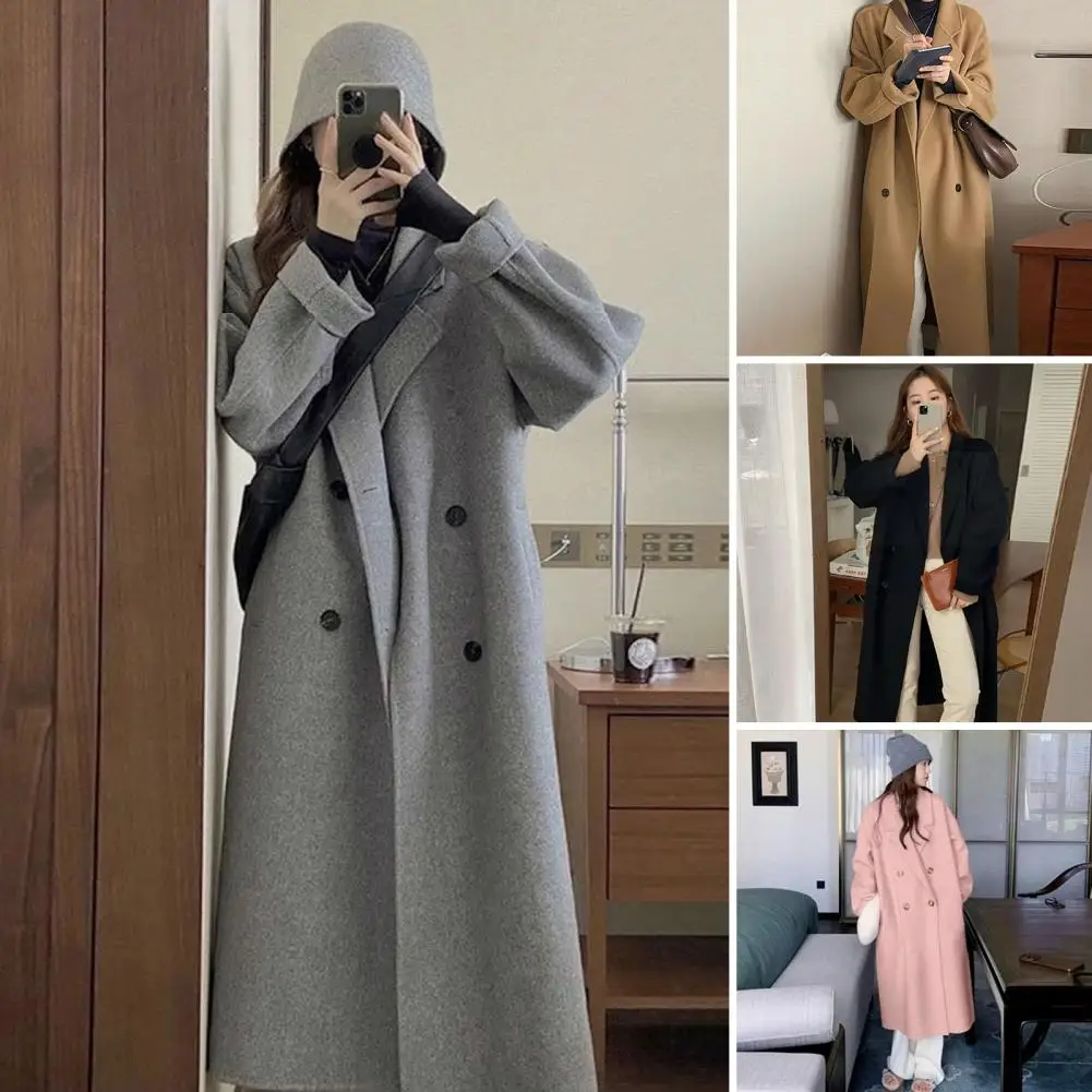 Свободное зимнее пальто. Стильное женское двубортное шерстяное пальто с отложным воротником. Свободный крой. Элегантное пальто средней длины для улицы.