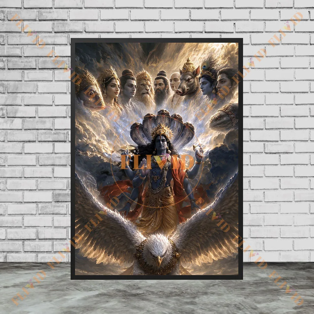 Hindu Lord Vishnu Garuda Canvas Print,Dashavatara Divine Avatar Poster,Indian Spiritual Artwork for Temple Altar Room Wall Decor