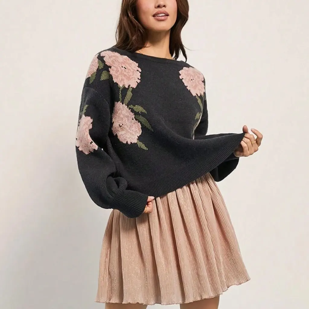 

Women's Korean Style Loose Casual Pullover Knitwear Autumn Winter One-Line Collar Flower Jacquard Lazy Style Top