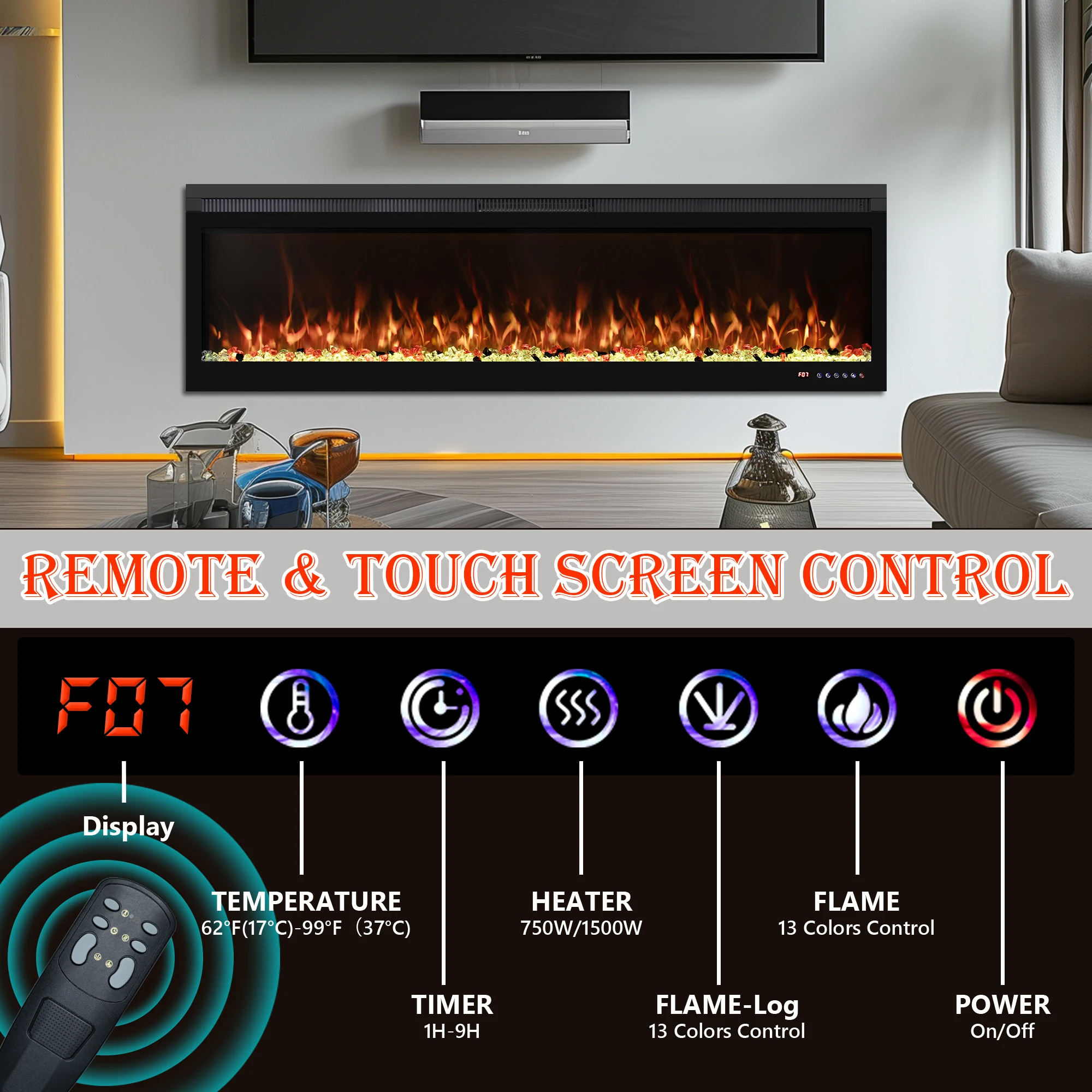 60 Inches Wall Mount Artificial Fireplace Electric  With Realistic Flame Remote Touch Screen APP Control