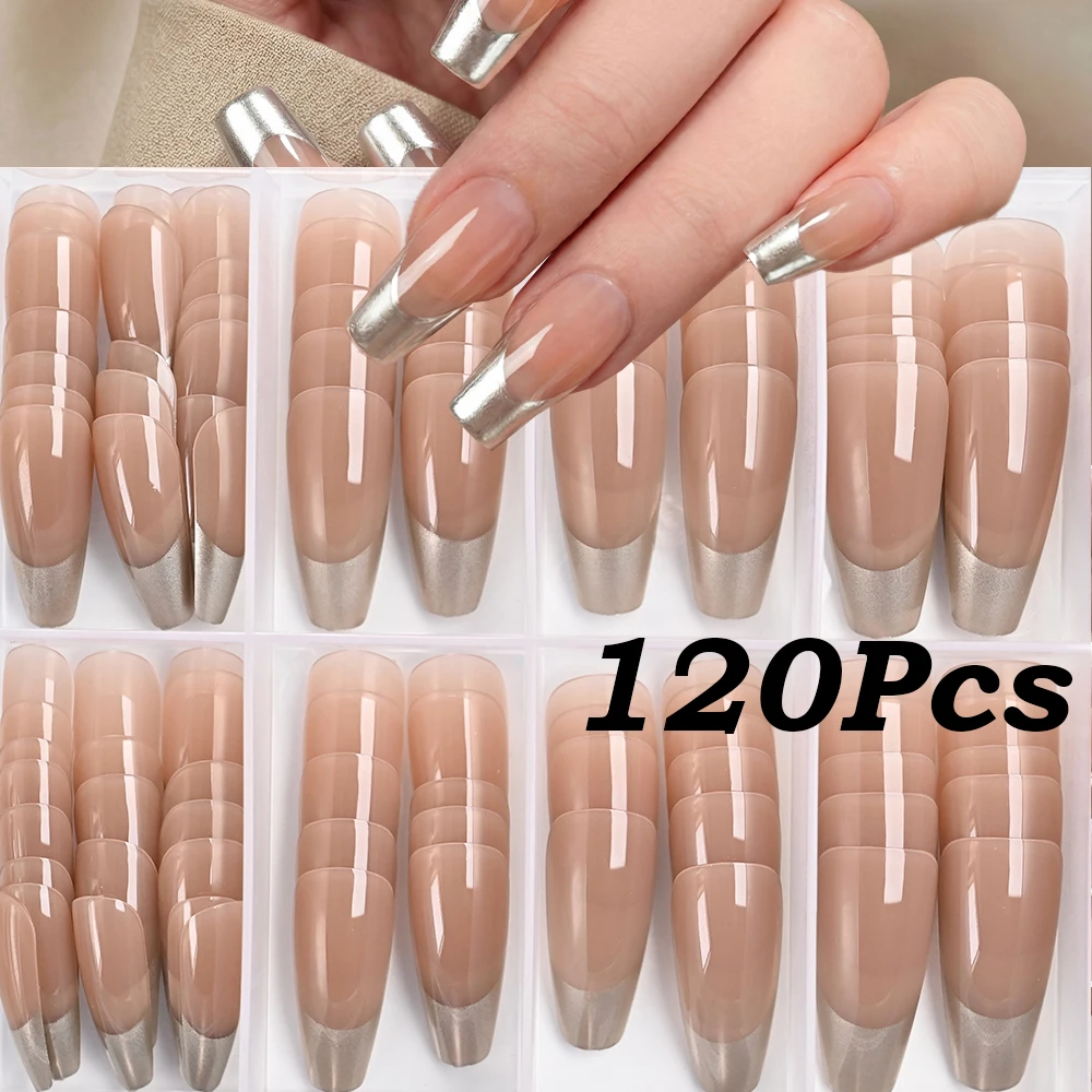 

120 шт., розовые металлические французские накладные ногти телесного цвета, средние глянцевые акриловые накладные ногти в виде гроба, полное покрытие, носимые накладные ногти