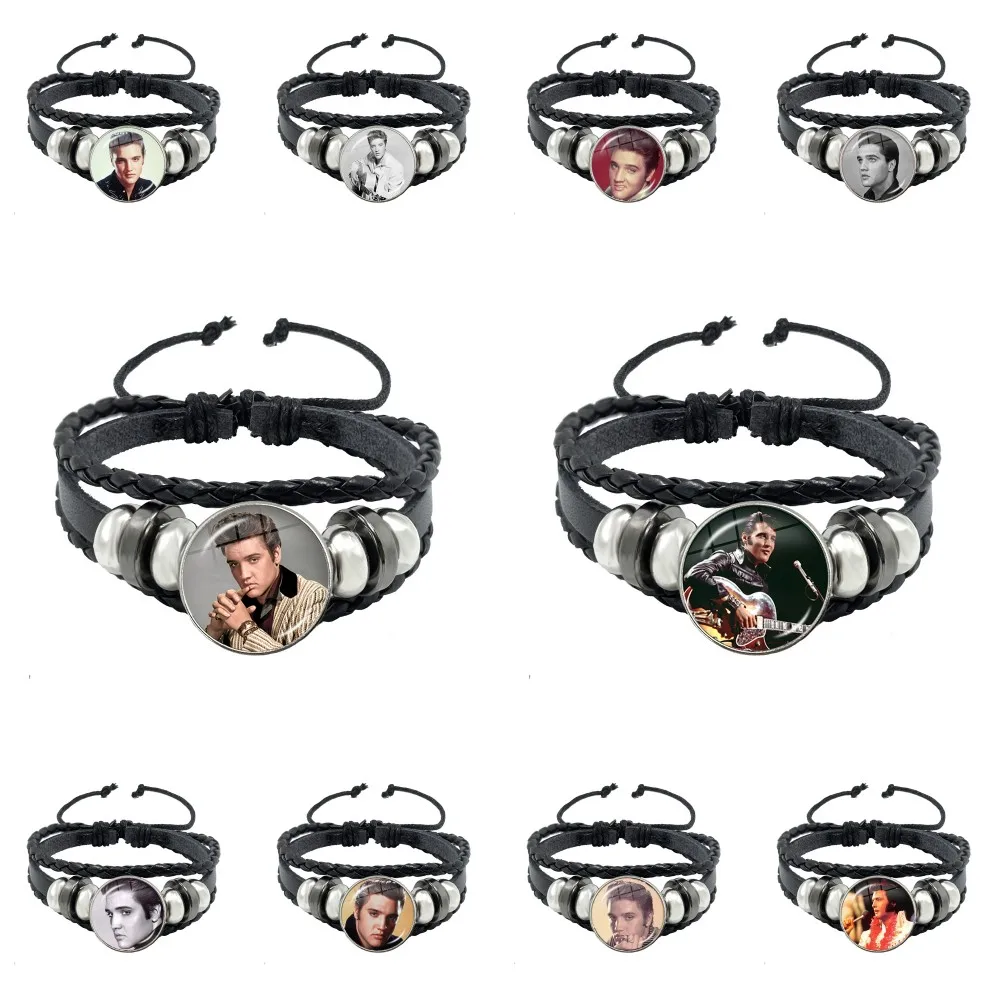 The King Of Rock Multilayer Leather Bracelet Rock Star Elvis Poster Glass Handmade Bangles Wristband Jewelry Souvenir Gift