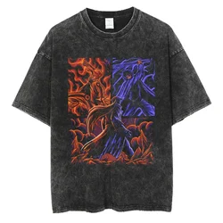 メンズブラックウォッシュドコットンTシャツ,ナルト柄の原宿アニメTシャツ,ヴィンテージトップス,半袖Tシャツ,ストリートウェア