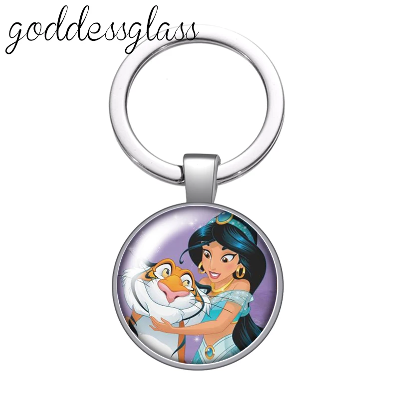 Disney Princess Jasmine Aladdin Lamp Photo glass cabochon keychain Bag Car key chain Ring Holder Charms keychains gift