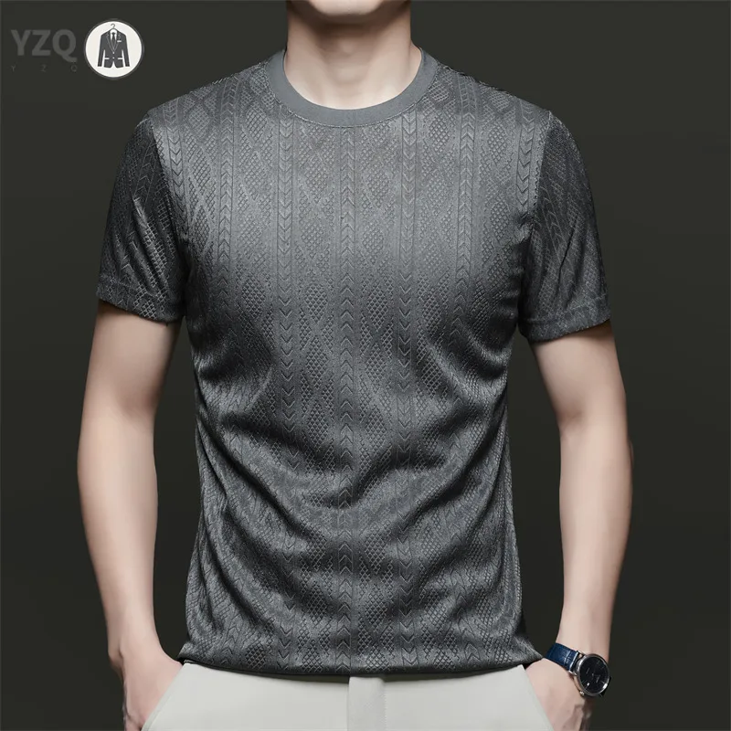 High elastic mens jacquard short sleeve shirt breathable hollow mesh cool touch thin fabric multi scene business casual garment