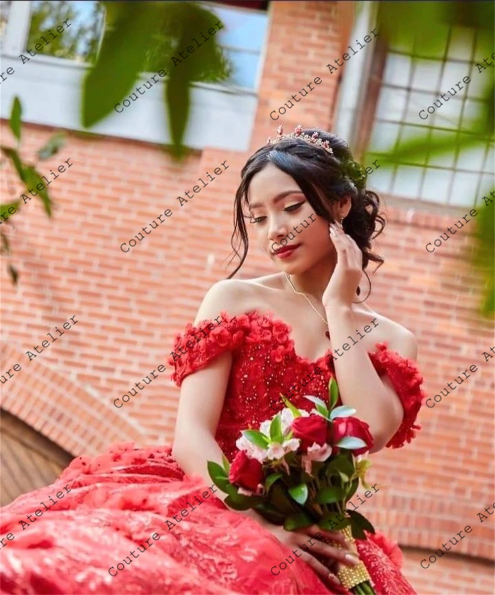 Shinning Red Off The Shoulder Quinceanera Dresses Ball Gown Birthday Gown Lace-Up Sparkly Sweet 15 16 Dresses vestidos de gala