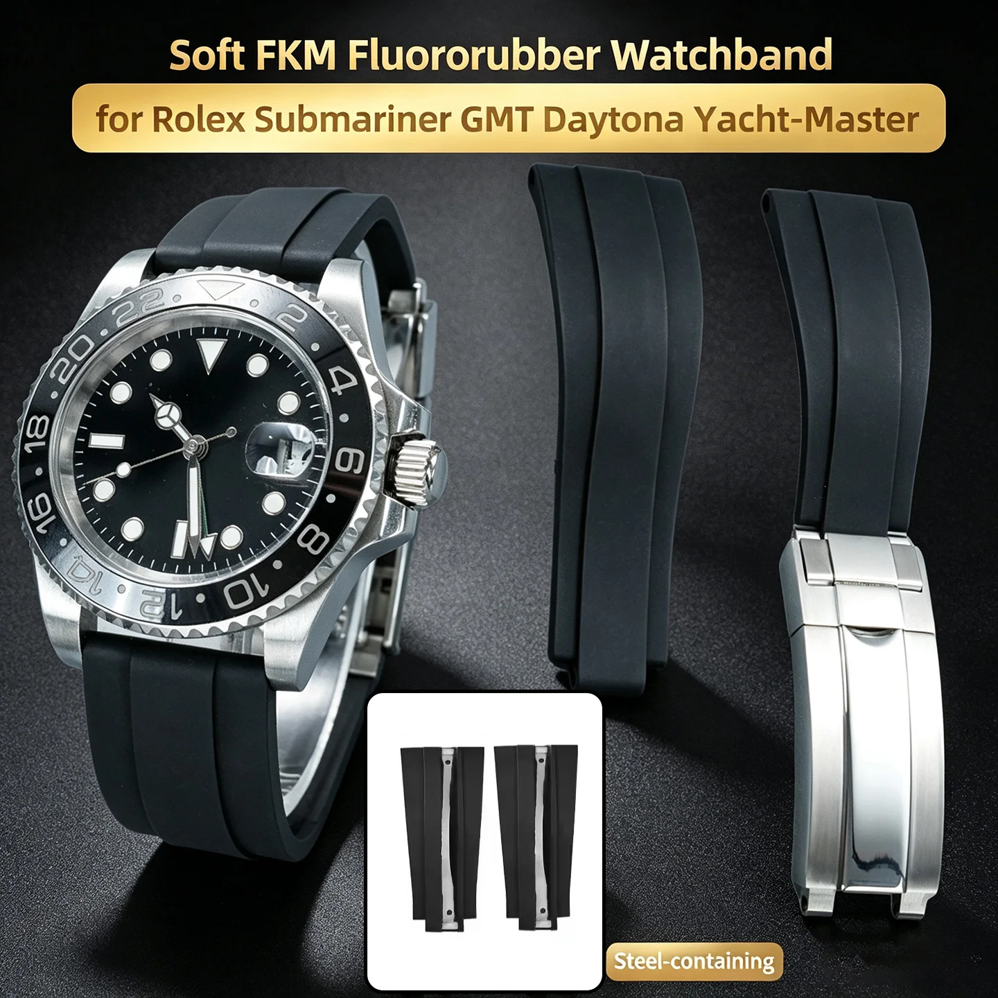 20mm Soft FKM Fluororubber Strap Slider Buckle For Rolex Submariner GMT Daytona Yacht-Master Oysterflex Style Replacement Band