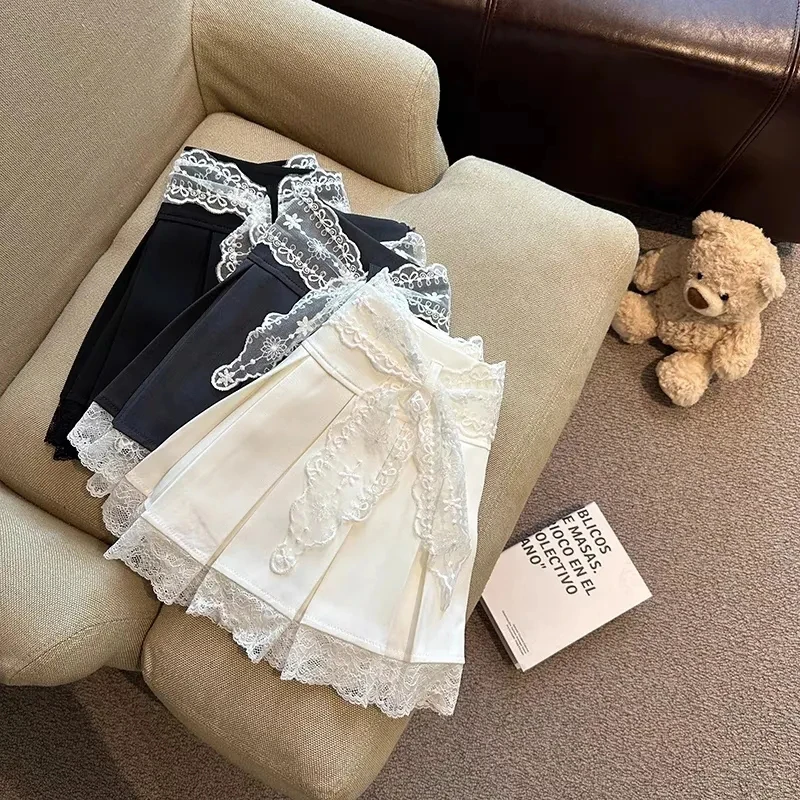 Lace Patchwork Pleated Skirt for Women Japanese High Waist Sweet Preppy Mini Skirts Y2K Summer Splicing All Match A Line Skirts
