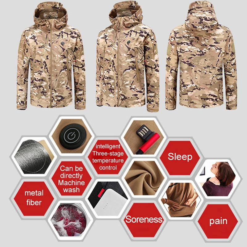 Winter Electric Heating Jacket Men Women USB Smart Heated Jackets Hooded Heat Hunting Ski Suit Hiking Vests Thermal Clothes