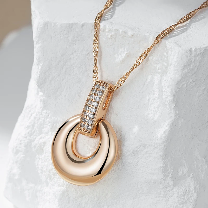 Kinel Fashion Glossy Geometry Round Pendant Necklace for Women Full Natural Zircon With 585 Rose Gold Color Daily Fine Jewelry