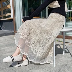 Embroidered Flower Lace Skirt Spring Summer Women High Waist Boho Beach Long Skirts Vintage Pletaed Gauze Skirt Sweet Beige L622