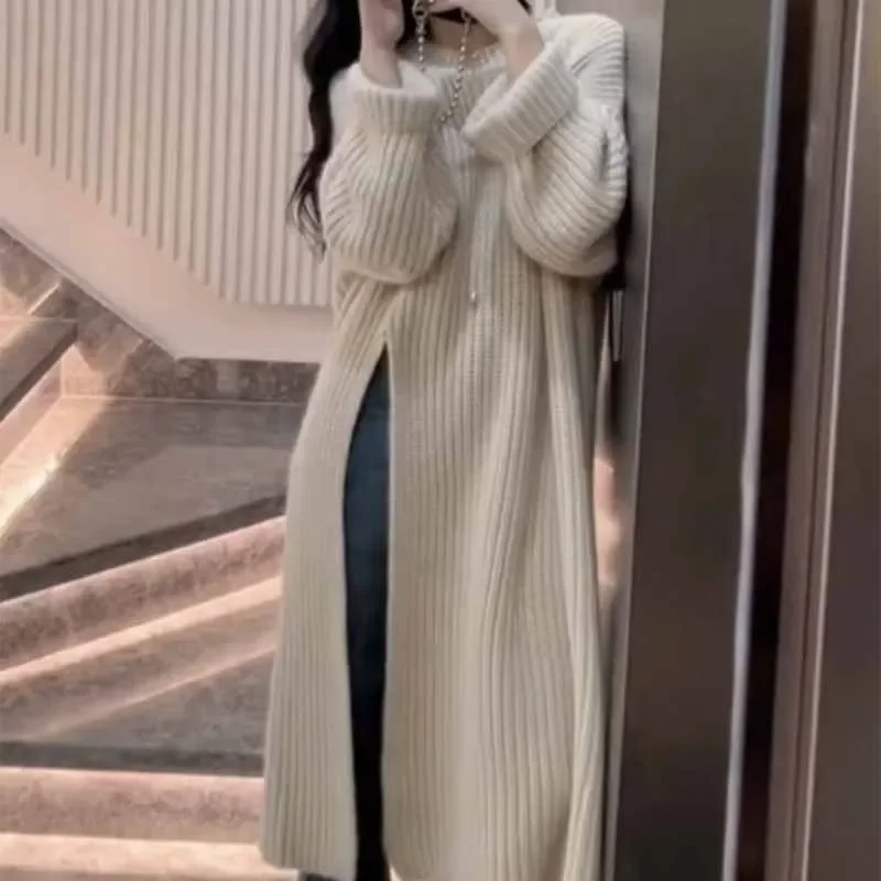 

Woman Knitted Sweater Dress Maxi Inner Base Loose Spring Autumn Winter Round Neck Long Sleeves Dresses Reaching Waist Vestidos