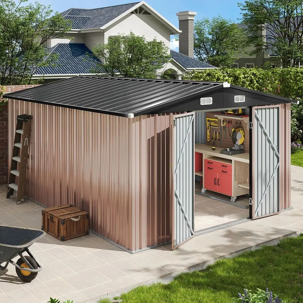 10x12 Outdoor Metal Shed with Lockable Door and Sloping Roof - Ideal for Tools, Garden Equipment, and Bikes, Perfect for Patio U
