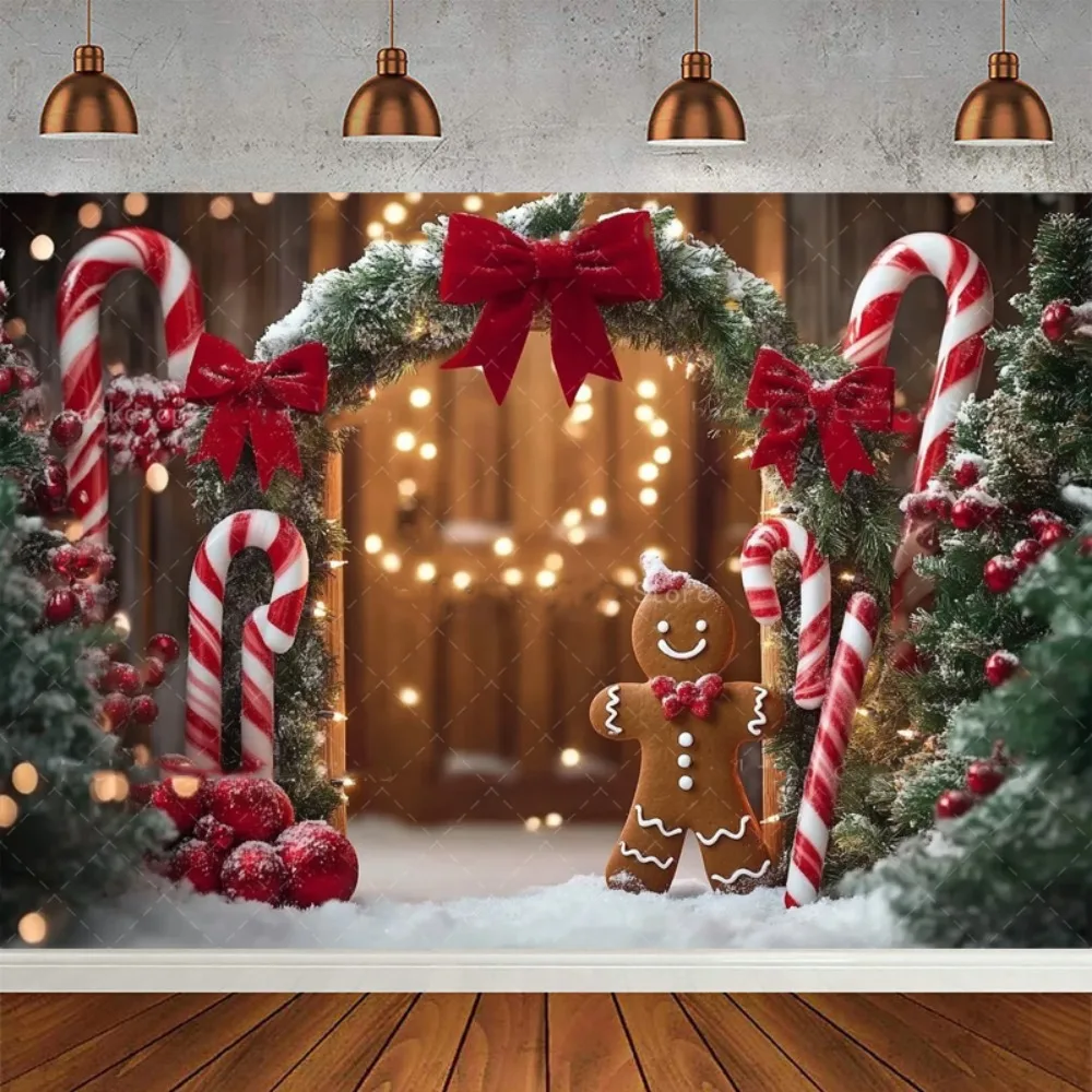 

Winter Christmas Party Decor Backdrop Arch Candy Cane Wood Door Gifts Xmas Tree Kids Family Portrait Photography Background
