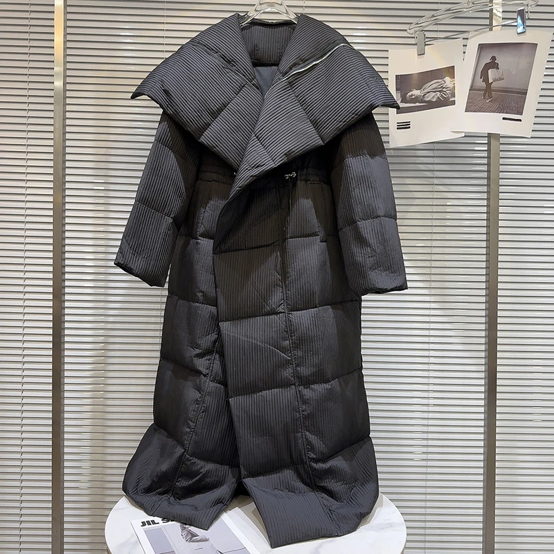 Long Warm White Duck Down Jacket Women Winter Arrival Turn Down Collar Drawstring Striped Material Thick Knee Length Down Jacket