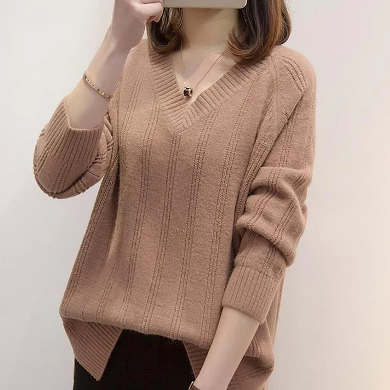 Autumn Winter Oversized V-neck Solid Sweater Top Women Simple All-match Bottoming Knitting Jumpers Loose Casual Fashion Pullover