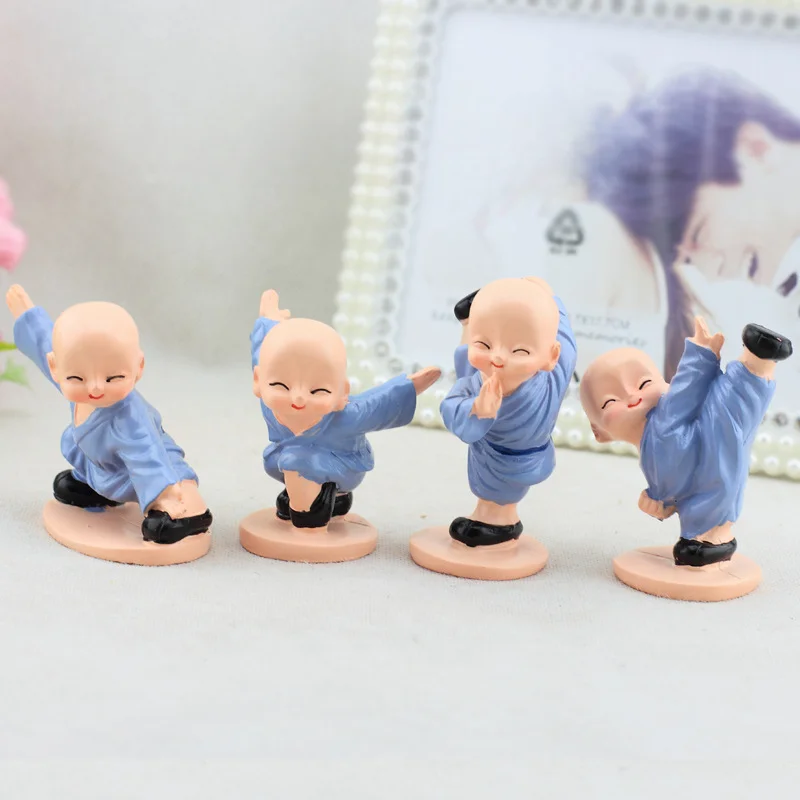 4PCS Shaolin Kung Fu Little Monk Blue Clothes Creative Resin Doll Home Desktop Decoration Car Interior Jewelry Fun Decoration