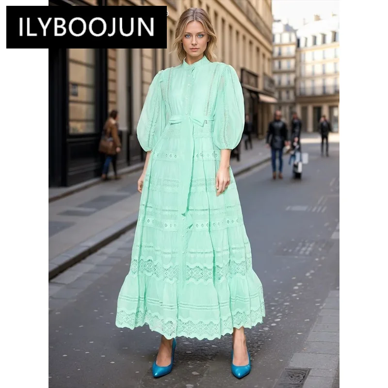 

ILYBOOJUN Solid Spliced Lace Up Dress For Women Stand Collar Puff Sleeve High Waist Hollow Out Elegant Loose Dresses Female